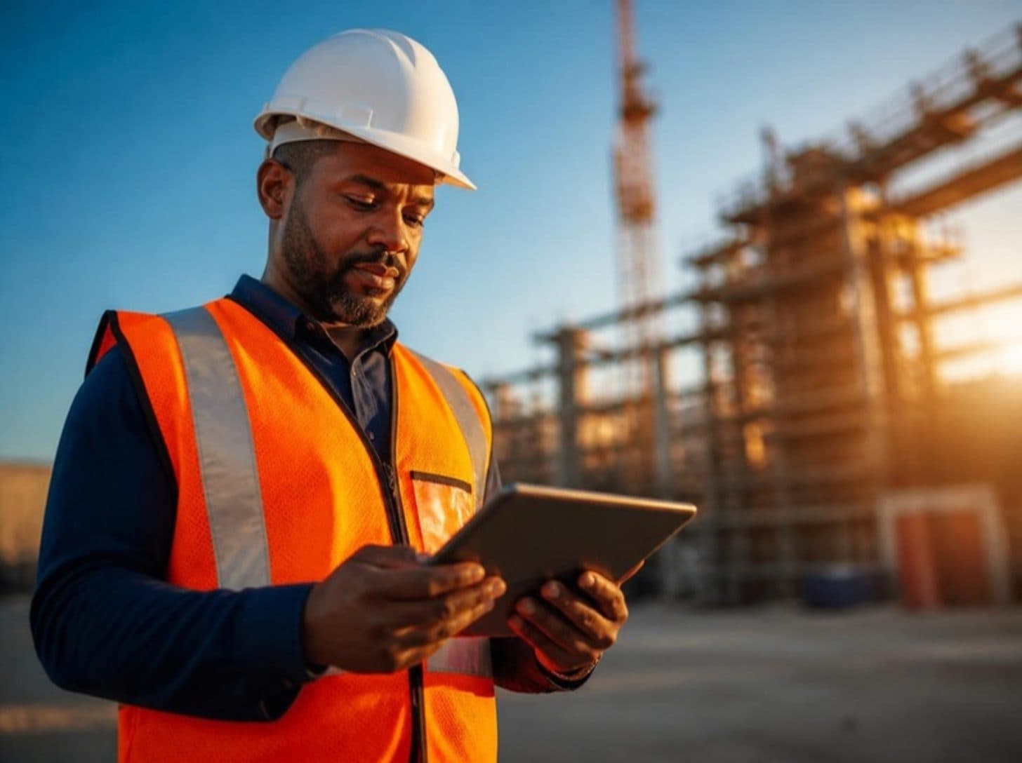 A construction worker reviewing a training module on a tablet at a job site