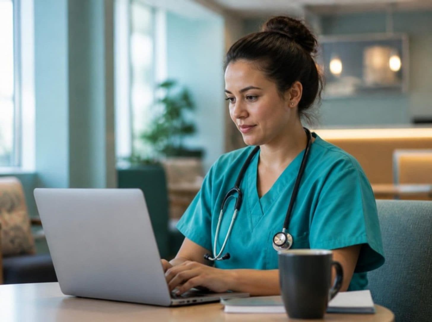A healthcare professional completing continuing education on a laptop