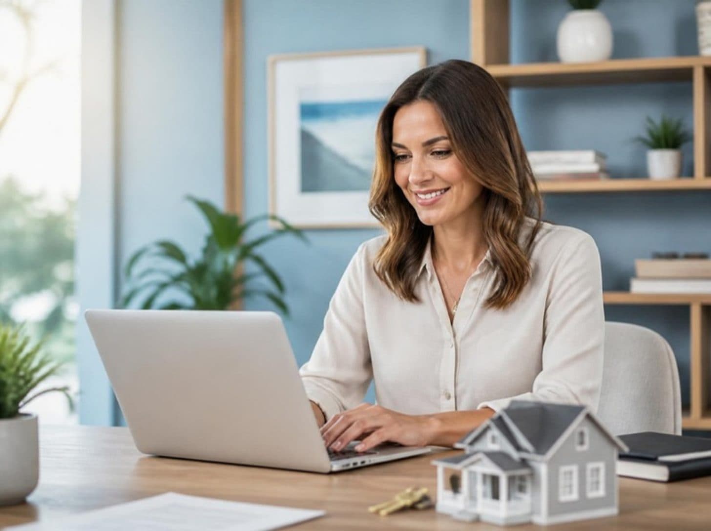 A real estate license student studying a pre-licensing course on a laptop